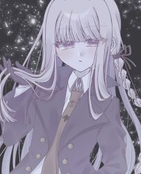  1girl :o black_gloves black_ribbon blush braid collared_shirt danganronpa:_trigger_happy_havoc danganronpa_(series) gloves grey_hair hair_ribbon highres jacket kirigiri_kyoko long_hair long_sleeves looking_at_viewer marimo_(marimo577) necktie open_clothes ribbon shirt side_braid solo violet_eyes 