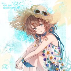  1girl bare_arms bare_shoulders blue_background blue_bow blue_choker blue_eyes blue_shorts bow bracelet brown_hair choker dress english_text eyewear_on_headwear feet_out_of_frame fishnet_dress from_side hair_ornament hairclip hat highres hugging_own_legs jewelry knees_to_chest looking_at_viewer marcus_(reverse:1999) medium_hair muonrei00 official_alternate_costume parted_lips reverse:1999 shell shorts sitting sleeveless sleeveless_dress solo starfish strapless straw_hat sun_hat sunglasses tube_top two-tone_background very_low_bun white_background white_tube_top wrist_bow 