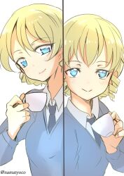  2girls black_necktie blonde_hair blue_eyes blue_sweater braid collared_shirt cup darjeeling_(girls_und_panzer) drill_hair drill_sidelocks girls_und_panzer girls_und_panzer_little_army highres holding holding_cup kilimanjaro_(girls_und_panzer) multiple_girls namatyoco necktie school_uniform shirt short_bangs sidelocks single_braid st._gloriana&#039;s_school_uniform sweater teacup twitter_username white_shirt 