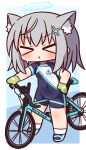  &gt;_&lt; 1girl :t animal_ear_fluff animal_ears bangs bicycle biker_clothes bikesuit blue_archive blue_background blue_footwear blush bodysuit cat_ears chibi closed_eyes closed_mouth clothes_writing covered_navel eyebrows_visible_through_hair facing_viewer full_body gloves green_gloves grey_hair groin ground_vehicle hair_ornament halo hana_kazari hand_on_hip highres long_hair pout shiroko_(blue_archive) shoes short_sleeves socks solo standing sweat white_legwear 