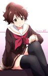  1girl adjusting_clothes adjusting_legwear asymmetrical_bangs bangs black_legwear bow brown_eyes brown_hair dated hibike!_euphonium highres kitauji_high_school_uniform legs medium_hair miniskirt neckerchief nii_manabu oumae_kumiko pleated_skirt ponytail school_uniform serafuku simple_background sitting skirt solo thigh-highs thighs tight zettai_ryouiki 