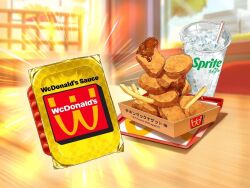  artist_request blurry blurry_background chicken_nuggets container drinking_straw english_text food food_focus french_fries ice ice_cube indoors mcdonald&#039;s no_humans sauce soda sprite_(drink) table wcdonald&#039;s 