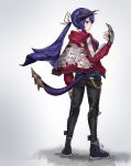  1girl arknights arm_up black_pants blue_eyes blue_shirt chain dragon_girl dragon_horns dragon_tail fate/grand_order fate_(series) harlequin-wheels horns jacket knee_pads looking_at_viewer martha_(fate) pants ponytail purple_hair red_jacket shirt simple_background spiked_tail tail tarrasque 