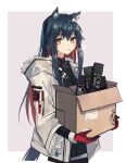  1girl absurdres animal_ears arknights at_kokao358 bangs black_legwear border box buckle cardboard_box cigarette collared_shirt commentary_request cowboy_shot dark_blue_hair denim denim_shorts eyebrows_visible_through_hair eyes_visible_through_hair fur_trim gloves hair_between_eyes highres holding holding_box hood hooded_jacket jacket layered_sleeves long_hair long_sleeves looking_at_viewer multicolored_hair out_of_frame pantyhose parted_lips patch red_eyes red_gloves redhead shirt shorts simple_background smoke solo standing tail texas_(arknights) white_jacket wolf_ears wolf_tail 