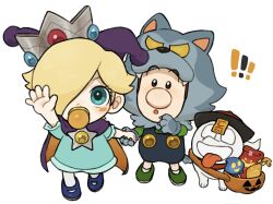  1boy 1girl baby_luigi baby_rosalina blonde_hair blue_eyes brown_hair crown halloween halloween_bucket highres jewelry jiangshi_costume long_sleeves luigi luigi's_mansion luigi's_mansion:_dark_moon mimimi_(mimimim9999) ofuda overalls polterpup rosalina short_hair super_mario_bros. wolf_mask 