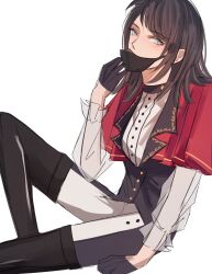  1girl bang_dream! bang_dream!_it&#039;s_mygo!!!!! black_footwear black_gloves black_hair black_mask black_pants black_vest blue_eyes boots capelet commentary gloves half_gloves highres long_sleeves looking_at_viewer mask_pull medium_hair pants red_capelet see-through see-through_sleeves sidelocks simple_background solo thigh_boots two-tone_pants vest white_background white_pants y0mi_fan yahata_umiri 