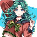  1girl absurdres arm_behind_head bangs bishoujo_senshi_sailor_moon black_headband blue_eyes character_name closed_mouth curled_fingers eyebrows_visible_through_hair forehead green_hair hand_up headband highres kaiou_michiru long_sleeves looking_at_viewer multicolored_hair navel parted_bangs sailor_neptune school_uniform simple_background smile solo star_(symbol) two-tone_background upper_body user_rskj8724 wavy_hair 