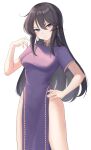  1girl absurdres aurapls ayra_(fire_emblem) black_hair breasts closed_mouth commentary dress earrings english_commentary fire_emblem fire_emblem:_genealogy_of_the_holy_war frown hand_on_hip hand_up head_tilt highres jewelry long_hair looking_at_viewer medium_breasts pelvic_curtain purple_dress short_sleeves side_slit simple_background solo standing thighs v-shaped_eyebrows violet_eyes white_background 