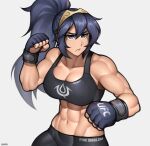  1girl abs absurdres alternate_costume alternate_hairstyle blue_eyes blue_hair breasts clenched_hands commission copyright_name eyebrows_visible_through_hair fighting_stance fingerless_gloves fire_emblem fire_emblem_awakening gloves grey_background hair_between_eyes highres large_breasts long_hair lucina_(fire_emblem) muscular muscular_female navel padded_gloves ponytail roadi3 simple_background solo twitter_username ultimate_fighting_championship watermark 