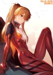  1girl bangs blue_eyes bodysuit breasts closed_mouth evangelion:_3.0_you_can_(not)_redo hairpods highres knee_up long_hair long_legs looking_at_viewer looking_to_the_side neon_genesis_evangelion orange_hair pilot_suit plugsuit rebuild_of_evangelion red_bodysuit shiny shiny_skin siino sitting small_breasts solo souryuu_asuka_langley thighs torn_bodysuit torn_clothes twintails two_side_up 