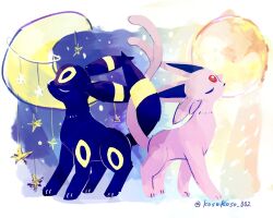  bad_link closed_eyes espeon forehead_jewel forked_tail highres kosokoso_002 moon no_humans pokemon pokemon_(creature) star_(sky) star_(symbol) sun tail twitter_username two-tone_fur umbreon 