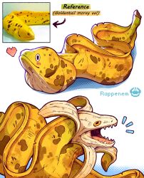  arrow_(symbol) banana eel food fruit heart highres no_humans open_mouth original rappenem sharp_teeth teeth white_background 