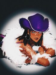  1girl black_background black_hair blue_eyes commentary cowboy_hat ctrl_zen dress earrings feather_boa hat highres hoop_earrings jewelry looking_to_the_side medium_hair nico_robin one_piece parted_lips purple_dress purple_hat ring skull_and_crossbones solo spotlight 