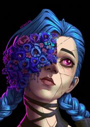  1girl animutung arcane:_league_of_legends arcane_jinx artist_name black_background blue_flower braid closed_mouth cracked_skin flower highres inward_(itwasleo) jinx_(league_of_legends) league_of_legends pink_eyes red_flower simple_background smile twin_braids twintails 