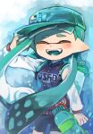  1girl aqua_hair aqua_headwear bangs baseball_uniform black_shorts closed_eyes fangs hand_on_headwear hat highres holding holding_water_gun ink_tank_(splatoon) inkling inkling_(language) jacket long_hair open_mouth pointy_ears red_jacket short_shorts shorts smile solo splatoon_(series) sportswear standing tentacle_hair tona_bnkz upper_body water_gun white_background 