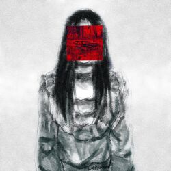  1girl artist_name black_hair covered_face dress film_grain frilled_dress frills ghost ghost_girl greyscale highres horror_(theme) long_hair monochrome red_theme signature spot_color static the_ring twitter_username upper_body virtuware well white_dress yamamura_sadako 