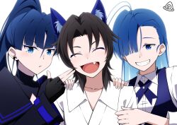  ado_(utaite) ahoge alt_text animal_ear_fluff animal_ears asa_(asa_404_)_(person) black_gloves black_hair black_shirt blue_eyes blue_hair blue_ribbon blue_vest cat_ears cat_girl chinese_commentary clenched_teeth closed_mouth collared_shirt commentary_request dress_shirt earclip fang finger_gun fingerless_gloves gloves hair_between_eyes hair_over_one_eye highres medium_hair merry_(ado) mixed-language_commentary mole mole_under_eye naima_(ado) neck_ribbon nori_(norinori_yrl) open_mouth ponytail readymade_(ado) real_life ribbon second-party_source shirt simple_background teeth upper_body usseewa vest white_background white_shirt wolf_cut 