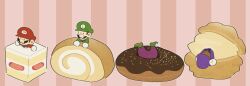  4boys blue_overalls bread brown_hair chibi dough doughnut facial_hair food gloves green_shirt hat highres luigi male_focus mario mimimi_(mimimim9999) multiple_boys mustache overalls purple_overalls shirt short_hair super_mario_bros. upper_body waluigi wario 