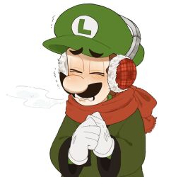  1boy alternate_costume brown_hair coat earmuffs facial_hair green_shirt luigi male_focus mimimi_(mimimim9999) multiple_boys mustache red_scarf scarf shirt short_hair simple_background snow solo super_mario_bros. 