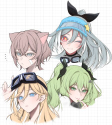  4girls arm_up black_ribbon blonde_hair brown_hair durandal_(honkai_impact) fu_hua fu_hua_(herrscher_of_sentience) fu_hua_(ooh!_summer!)_(herrscher_of_sentience) goggles goggles_on_head green_eyes green_hair green_nails grey_eyes grey_hair grid_background hair_between_eyes hair_ribbon highres honkai_(series) honkai_impact_3rd lantern_(honkai_impact) mobius_(honkai_impact) mobius_(razer)_(honkai_impact) multicolored_hair multiple_girls nail_polish one_eye_closed parted_lips ponytail portrait red_eyes ribbon smile streaked_hair tongue tongue_out twintails white_background white_hair yunomi_(yunomi_hs) 