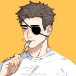  1boy anderain blush brown_hair closed_mouth eyepatch fork hand_up holding holding_fork male_focus ombra_(anderain) one_eye_covered original shirt short_hair simple_background solo upper_body utensil_in_mouth weibo_username white_shirt 