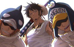  3boys :d animal_hat black_hair black_hat chest_tattoo chromatic_aberration closed_mouth commentary earrings facial_hair frown goatee grey_eyes grin hat highres holding holding_sword holding_weapon jewelry jumpsuit koma_heron looking_at_viewer male_focus multiple_boys one_piece open_mouth orange_hair orca_hat over_shoulder penguin_(one_piece) penguin_hat red_ribbon ribbon shachi_(one_piece) short_hair shoulder_tattoo sideburns simple_background smile split_mouth sunglasses sword sword_over_shoulder symbol-only_commentary tank_top tattoo teeth trafalgar_law upper_body v-shaped_eyebrows weapon weapon_over_shoulder white_background white_jumpsuit white_tank_top 