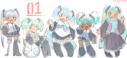  5girls afro_puffs dark-skinned_female dark_skin fat hatsune_miku head_scarf highres modesty_cover multiple_girls multiple_persona muslim necktie prosthesis prosthetic_leg skirt twintails vocaloid wheelchair xixiriima 