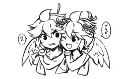  2boys ahoge angel_wings anger_vein angry chibi dark_pit kid_icarus kid_icarus_uprising laurel_crown male_focus multiple_boys one_eye_closed pit_(kid_icarus) scarf siblings spoken_anger_vein translation_request twins white_background wings wusagi2 