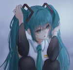  1girl ame_816 arm_up bangs bare_shoulders black_legwear black_sleeves blue_eyes blue_hair blue_necktie collared_shirt commentary_request crying crying_with_eyes_open detached_sleeves eyebrows_visible_through_hair hair_between_eyes hand_up hatsune_miku highres knees_up long_hair long_sleeves looking_away looking_to_the_side necktie parted_lips rain shirt sitting sleeveless sleeveless_shirt solo tears thigh-highs twintails very_long_hair vocaloid wet wet_hair white_shirt wide_sleeves 