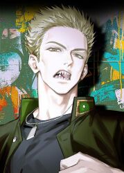  1boy 77ho black_shirt blonde_hair highres jacket jewelry male_focus necklace open_mouth popped_collar school_uniform sharp_teeth shirt short_hair solo spiky_hair teeth touma_hiragi upper_body v-shaped_eyebrows wind_breaker_(nii_satoru) 