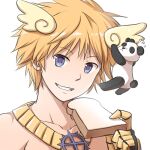  1boy angel_wings bangs black_gloves blonde_hair blue_eyes commentary_request eyebrows_visible_through_hair food gauntlets gloves grin head_wings holding holding_food jewelry looking_at_viewer natsuya_(kuttuki) necklace panda ragnarok_online short_hair simple_background smile solo sura_(ragnarok_online) toast topless_male upper_body white_background wings yellow_wings 