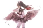  1girl arm_up black_hair byuura_(sonofelice) facing_away feathered_wings feathers gradient_hair leotard multicolored_hair personification pokemon redhead simple_background solo standing staraptor white_background wings 