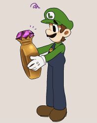  1boy blue_eyes brown_hair crown facial_hair gem gloves grey_background hat holding jewelry luigi luigi&#039;s_mansion male_focus mimimi_(mimimim9999) mustache overalls ring shirt short_hair simple_background solo standing super_mario_bros. white_gloves 