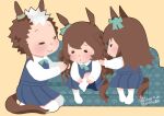  3girls animal_ears bow braid braiding_hair brown_hair couch dress ear_bow ear_ornament green_bow hairdressing horse_ears horse_girl horse_tail kneehighs long_hair mejiro_bright_(umamusume) mejiro_dober_(umamusume) mejiro_ryan_(umamusume) multiple_girls onikobe_rin pinafore_dress seiza short_hair signature sitting smile tail thigh-highs umamusume wavy_hair white_hair white_legwear younger 