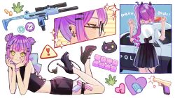  ! 1girl bibi_(tokoyami_towa) black_footwear black_shirt black_skirt blue_wristband blush bullet car character_name closed_mouth commentary_request crop_top demon_girl demon_tail double_bun earclip earrings elbow_rest fyuu-ka glasses gradient_hair green_eyes gun hair_bun hair_ornament hairclip handgun hands_up head_rest heart high_heels highres hololive jewelry looking_at_viewer lying midriff motor_vehicle multicolored_hair multiple_views nail_polish on_stomach pink_hair pink_nails pink_wristband pleated_skirt police_car ponytail purple_hair purple_nails rifle scope shirt shirt_tucked_in side_ponytail sign simple_background skirt sleeveless sleeveless_shirt sparkling_aura suppressor surrendering tail the_pose thigh_strap tokoyami_towa transparent_background virtual_youtuber warning_sign weapon weapon_behind_back weapon_in_garters weapon_request white_shirt wristband 