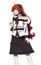  1girl ahoge bare_shoulders black_hairband black_skirt commentary_request eris_greyrat frilled_skirt frills hair_flaps hairband hand_on_own_hip highres jacket long_hair looking_at_viewer mushoku_tensei off-shoulder_jacket off_shoulder panties red_eyes redhead shirt simple_background skirt sleeveless sleeveless_shirt solo standing underwear usausa7go very_long_hair white_background white_jacket white_panties white_shirt 