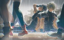  2girls 3boys aerith_gainsborough armor baggy_pants black_gloves black_hair black_thighhighs blonde_hair boots brown_footwear bruise bruise_on_face closed_eyes closed_mouth cloud_strife commentary_request dual_persona final_fantasy final_fantasy_vii final_fantasy_vii_remake from_side gloves hand_on_own_face highres injury knee_up lower_body multiple_boys multiple_girls open_mouth outdoors pants rain red_footwear short_hair shoulder_armor sitting sleeveless sleeveless_turtleneck spiky_hair suspenders sweater thigh-highs tifa_lockhart turtleneck turtleneck_sweater unconscious unnik walking wet zack_fair 