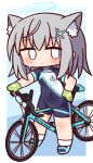  1girl animal_ear_fluff animal_ears bangs bicycle biker_clothes bikesuit blank_eyes blue_archive blue_background blue_footwear blush bodysuit cat_ears chibi closed_mouth clothes_writing covered_navel eyebrows_visible_through_hair full_body gloves green_gloves grey_hair groin ground_vehicle hair_ornament halo hana_kazari hand_on_hip highres long_hair looking_at_viewer shiroko_(blue_archive) shoes short_sleeves socks solo standing sweat white_legwear 