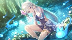  1girl blue_gemstone braid breasts crown_braid elf emilia_(re:zero) flower forest gem gold_thighlet hair_flower hair_ornament hair_ribbon long_hair looking_at_viewer medium_breasts nature official_alternate_costume official_art pointy_ears princess_connect! purple_gemstone purple_ribbon re:zero_kara_hajimeru_isekai_seikatsu ribbon sarong see-through see-through_sarong see-through_sleeves smile spirit swimsuit tree tucking_hair violet_eyes water white_flower white_hair x_hair_ornament 
