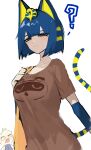  1girl ? absurdres animal_crossing animal_ears ankha_(animal_crossing) bangs blonde_hair blue_eyes blue_hair blush breasts brown_shirt cat_ears cat_girl cat_tail character_request clenched_hand daiishori eyebrows_behind_hair frown hand_on_own_shoulder highres humanization looking_ahead medium_breasts multicolored_hair shirt short_hair solo_focus streaked_hair tail tom_nook_(animal_crossing) white_background 