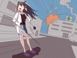  1girl :d backpack bag black_gloves black_shirt blush closed_eyes coat crocs crying dutch_angle emphasis_lines fang gloves highres hololive hololive_english hospital lab_coat long_hair long_sleeves mendako_(wjkgreat) ninomae_ina&#039;nis open_clothes open_coat pointy_ears purple_hair shirt skateboard skateboarding smile solo standing tentacle_hair virtual_youtuber 