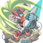  1boy absurdres android blonde_hair blue_eyes energy_sword faux_figurine gloves helmet highres holding holding_weapon long_hair male_focus robot solo sword very_long_hair weapon zero_(mega_man) 