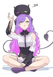  absurdres animal_on_head bare_shoulders bibi_(tokoyami_towa) black_corset black_nails braid braided_bangs clothing_cutout colored_inner_hair corset demon_tail ear_piercing earrings fang green_eyes hair_ornament hairpin heart heart_necklace highres hololive indian_style jewelry long_hair long_sleeves looking_up multicolored_hair multiple_hairpins necklace official_alternate_costume on_head open_mouth piercing pink_gemstone pink_hair purple_hair purple_socks see-through see-through_sleeves shirt shorts shoulder_cutout siro_o77 sitting socks tail tail_ornament tail_piercing tokoyami_towa tokoyami_towa_(7th_costume) virtual_youtuber white_shirt white_shorts wide_sleeves zzz 