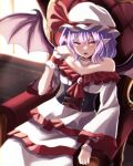  1girl bangs bat_wings cross-laced_footwear dress eyebrows_visible_through_hair fang hat hat_ribbon highres indoors light_rays long_sleeves looking_at_viewer mob_cap off-shoulder_dress off_shoulder open_mouth pointy_ears purple_hair red_eyes red_ribbon remilia_scarlet ribbon shiranui_(wasuresateraito) short_hair sitting solo touhou white_headwear window wings wrist_cuffs 