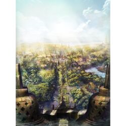  6+others artist_request beach blue_sky border clouds forest fountain highres house in-universe_location multiple_others nature official_art outdoors palm_tree people ragnarok_online river scenery shack shrine sky transparent_border tree 