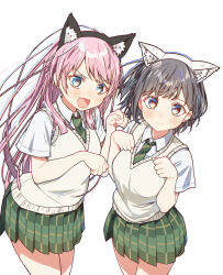  2girls :3 animal_ear_hairband animal_ears bang_dream! bang_dream!_it&#039;s_mygo!!!!! blue_eyes blush brown_eyes cat_ears chihaya_anon closed_mouth collared_shirt commentary diagonal-striped_clothes diagonal-striped_necktie fake_animal_ears fang green_necktie green_skirt grey_hair hairband haneoka_school_uniform highres long_hair multiple_girls necktie open_mouth paw_pose pink_hair plaid_clothes plaid_skirt pleated_skirt school_uniform shirt short_hair short_sleeves simple_background skirt skull573 striped_clothes sweater_vest takamatsu_tomori white_background white_shirt white_sweater_vest 