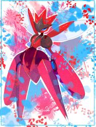  arthropod_boy blue_border blue_eyes border colored_skin falling_petals loki_(regulus_1111) looking_at_viewer mega_scizor multicolored_background petals pokemon pokemon_(creature) red_skin scizor wings 