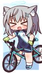  &gt;_&lt; 1girl :d animal_ear_fluff animal_ears bangs bicycle biker_clothes bikesuit blue_archive blue_background blue_footwear blush bodysuit cat_ears chibi closed_eyes clothes_writing covered_navel eyebrows_visible_through_hair facing_viewer full_body gloves green_gloves grey_hair groin ground_vehicle hair_ornament halo hana_kazari hand_on_hip highres long_hair shiroko_(blue_archive) shoes short_sleeves smile socks solo standing sweat white_legwear xd 