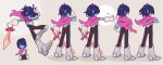  1other armor armored_boots bangs black_bodysuit blue_hair blue_skin bodysuit boots cape closed_mouth colored_skin commentary_request crossed_arms deltarune gloves hair_between_eyes hair_over_eyes heart highres holding holding_sword holding_weapon knee_boots kris_(deltarune) multiple_views no_mouth pointing senjochi_janai shaded_face short_hair simple_background standing striped striped_cape sword twitter_username weapon white_gloves 