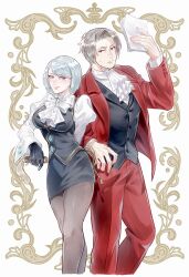  1boy 1girl ace_attorney ascot black_gloves black_hair curtained_hair formal franziska_von_karma gloves grey_hair highres holding holding_whip juliet_sleeves long_sleeves medium_hair miles_edgeworth mole mole_under_eye pants paperwork pencil_skirt puffy_sleeves red_pants red_suit skirt suit westeast1109 whip white_ascot 